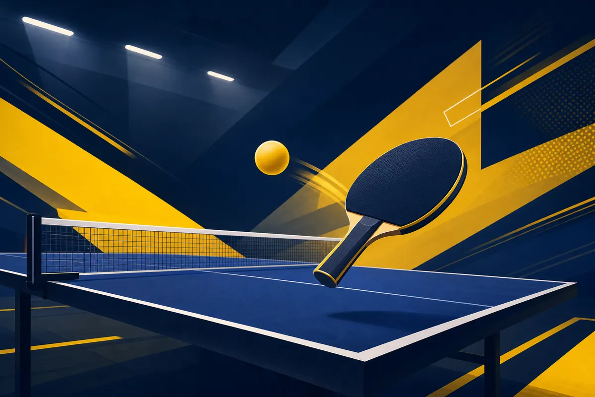 Ilustracao de mesa de tenis de mesa em tons navy e amarelo