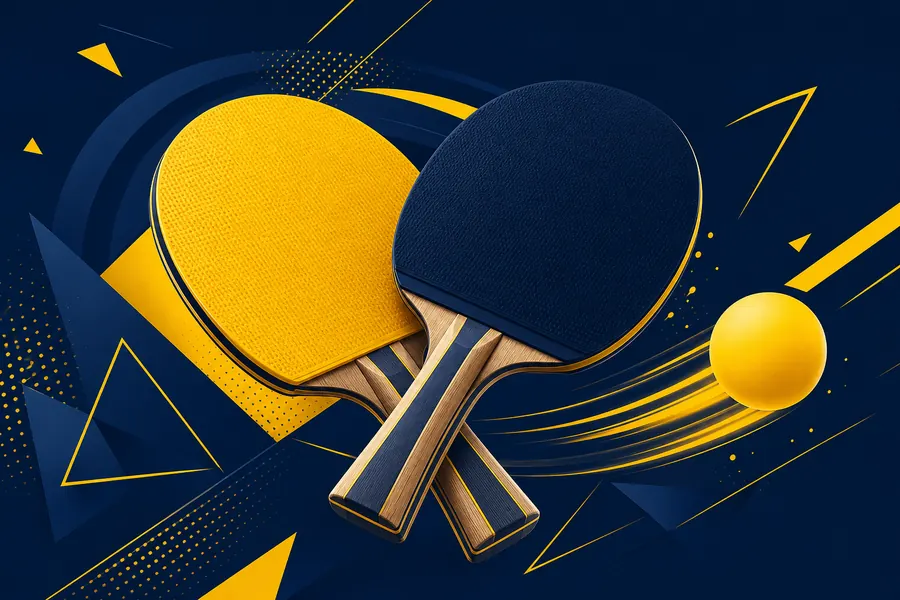 Ilustracao estilizada de raquetes e bola de tenis de mesa