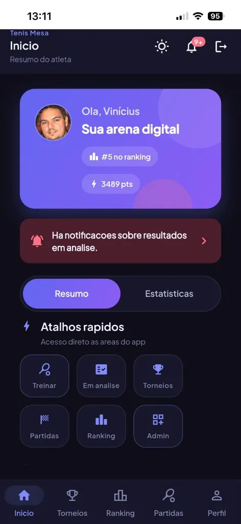 Tela Inicio do app: resumo do atleta