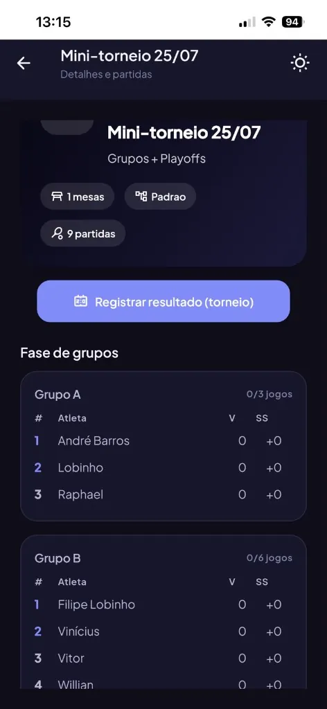 Detalhe do torneio com fase de grupos