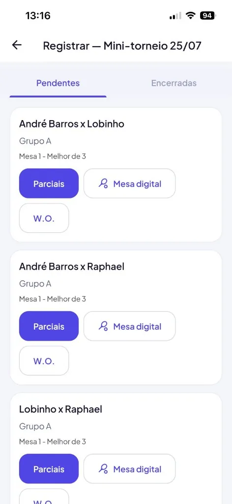 Lista de partidas pendentes para registrar resultado