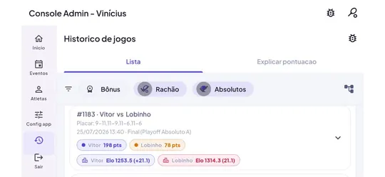 Historico de jogos com variacao de Elo