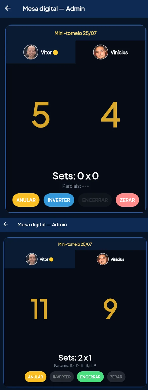 Mesa digital com placar ao vivo