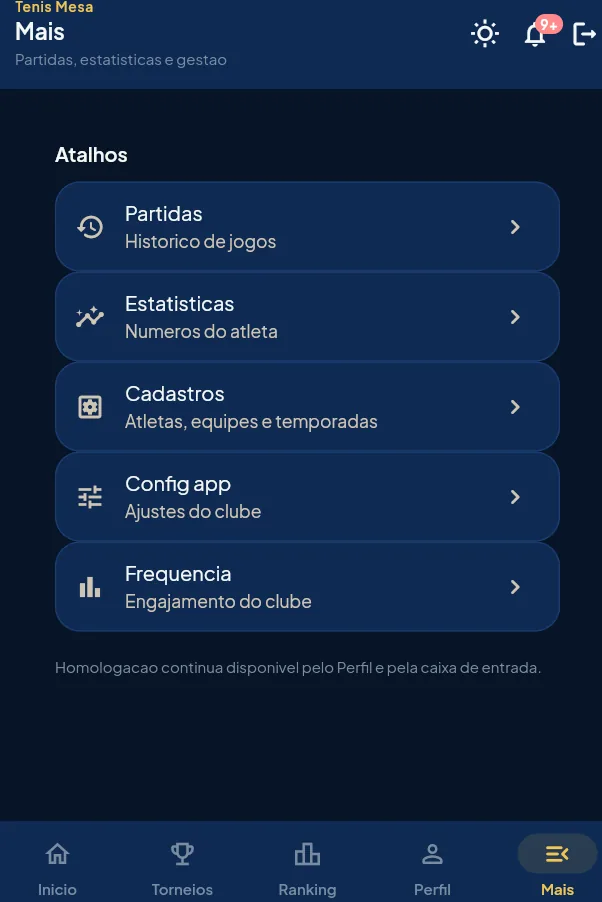 Menu Mais com atalhos do app